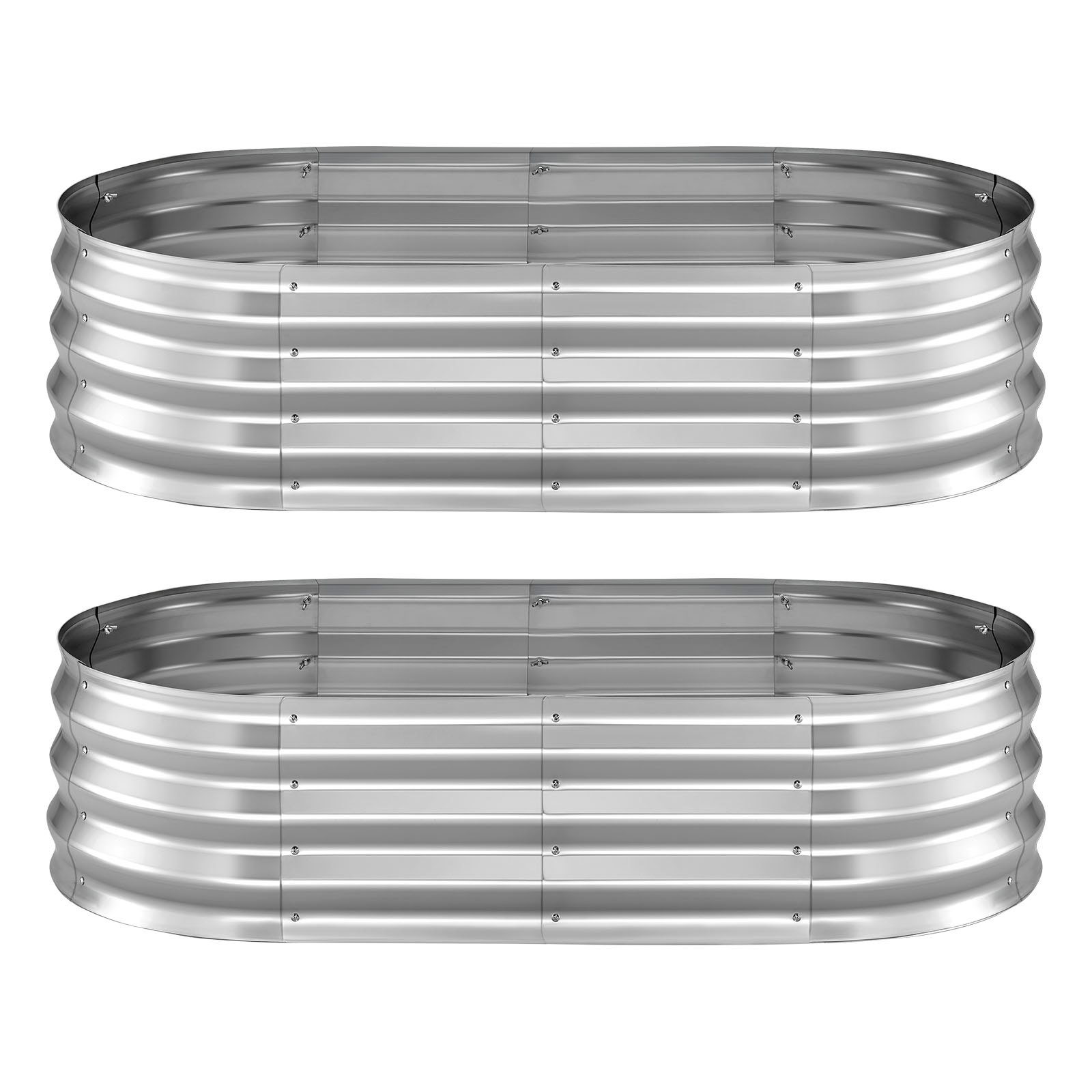 Start2Finish VEVOR galvanized raised garden beds; oval metal planter boxes with gloves, suitable for flowers, fruits, and vegetables.