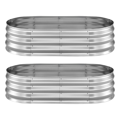 Start2Finish VEVOR galvanized raised garden beds; oval metal planter boxes with gloves, suitable for flowers, fruits, and vegetables.