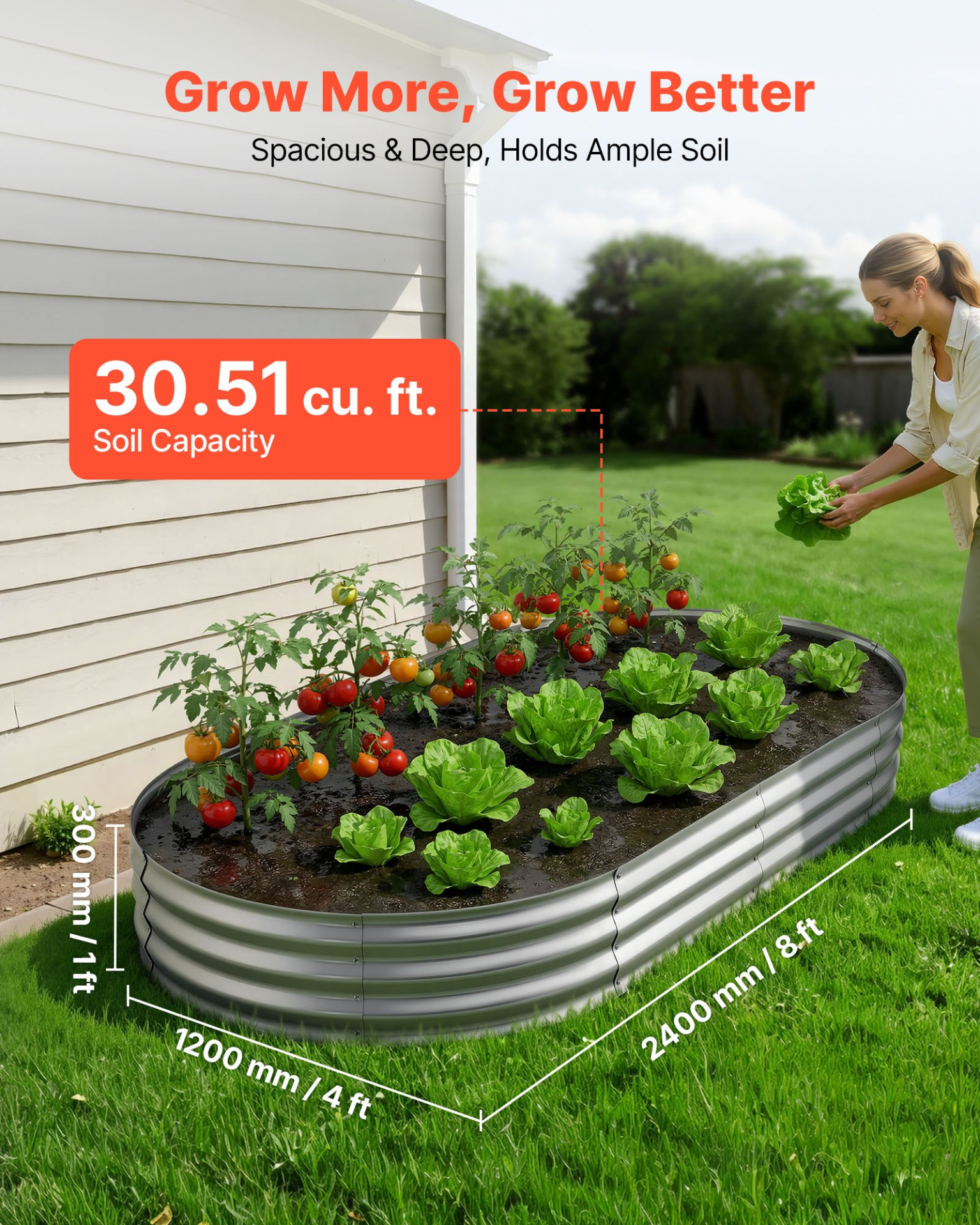 Start2Finish VEVOR galvanized oval garden bed, 8x4 ft, rustproof aluminum-zinc planter box for flowers, fruits, and vegetables.
