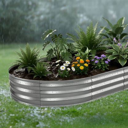 Start2Finish VEVOR galvanized oval garden bed, 8x4x1 ft, outdoor metal planter box with gloves, rustproof aluminum zinc for flowers and vegetables.