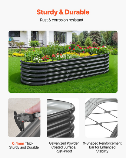 Start2Finish VEVOR metal raised garden bed, 6.56x1.97x1.4 ft oval outdoor planter with open bottom for vegetables, flowers, succulents.