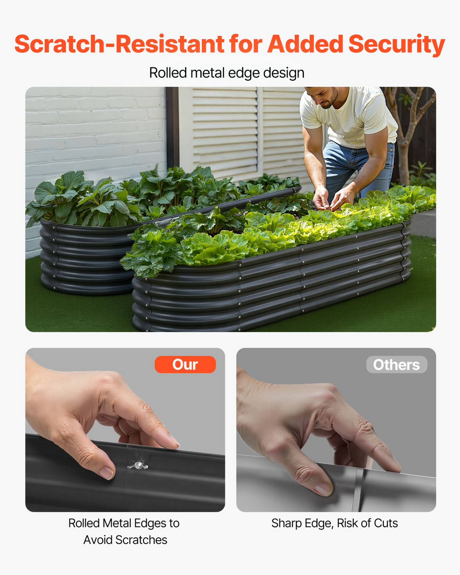 Start2Finish VEVOR metal raised garden bed in dark gray, oval outdoor planter with open bottom for vegetables, flowers, and succulents.