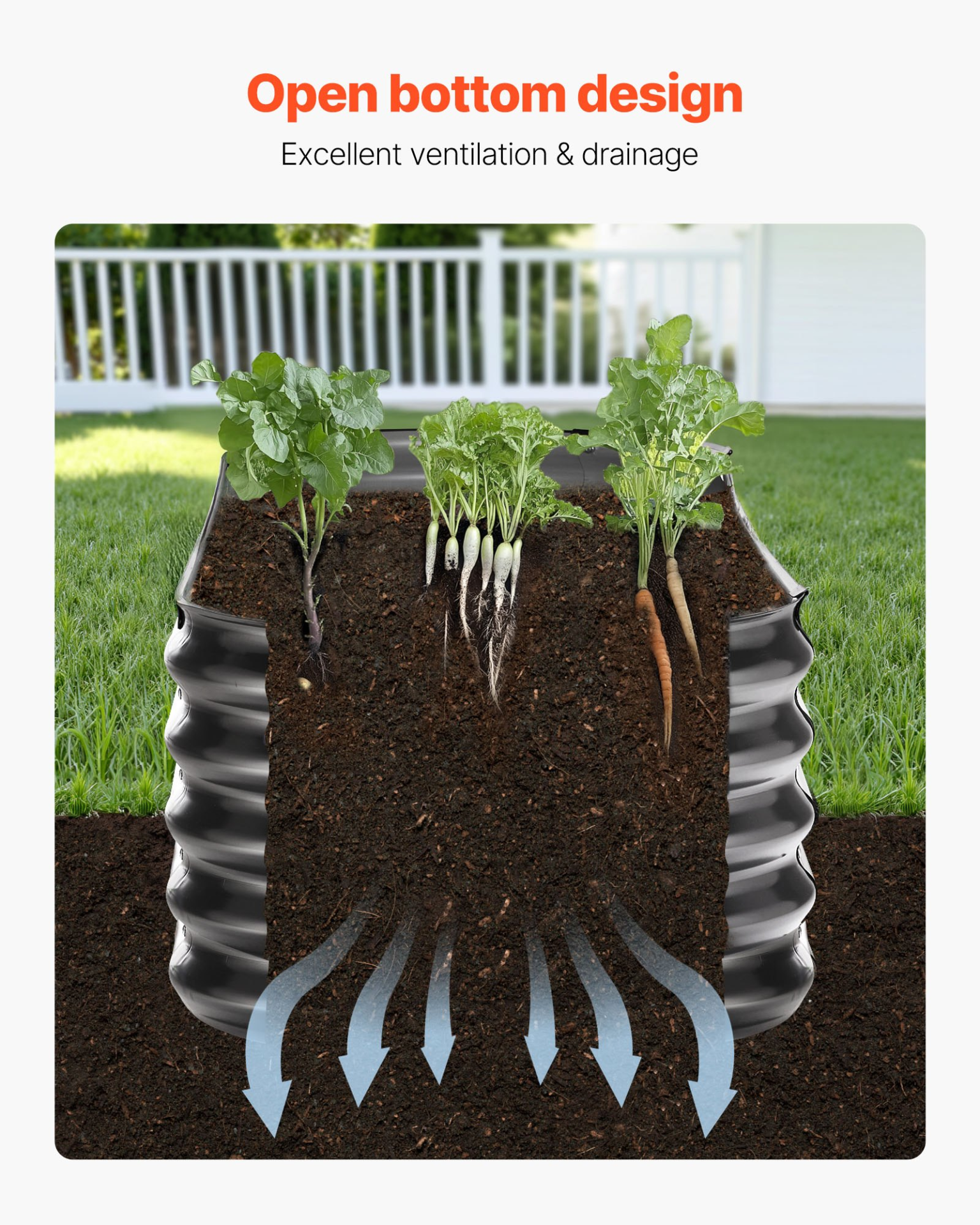 Start2Finish VEVOR metal raised garden bed in dark gray, oval outdoor planter with open bottom for vegetables, flowers, and succulents.
