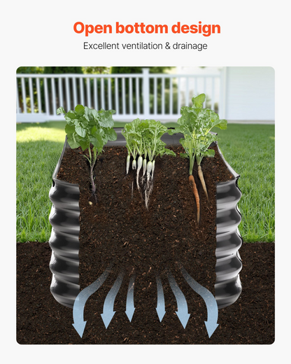 Start2Finish VEVOR metal raised garden bed in dark gray, oval outdoor planter with open bottom for vegetables, flowers, and succulents.
