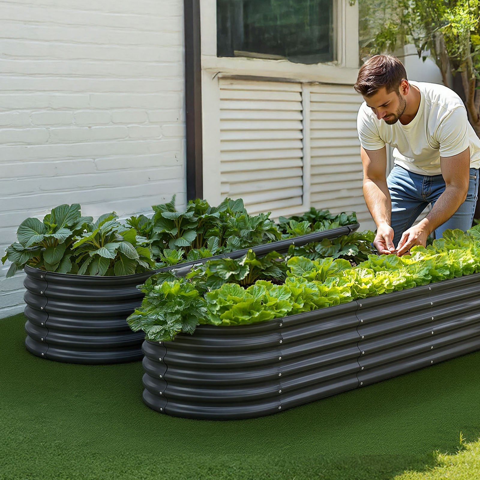 Start2Finish VEVOR metal raised garden bed, 6.56 x 1.97 ft outdoor oval planter with open bottom for vegetables, flowers, succulents.