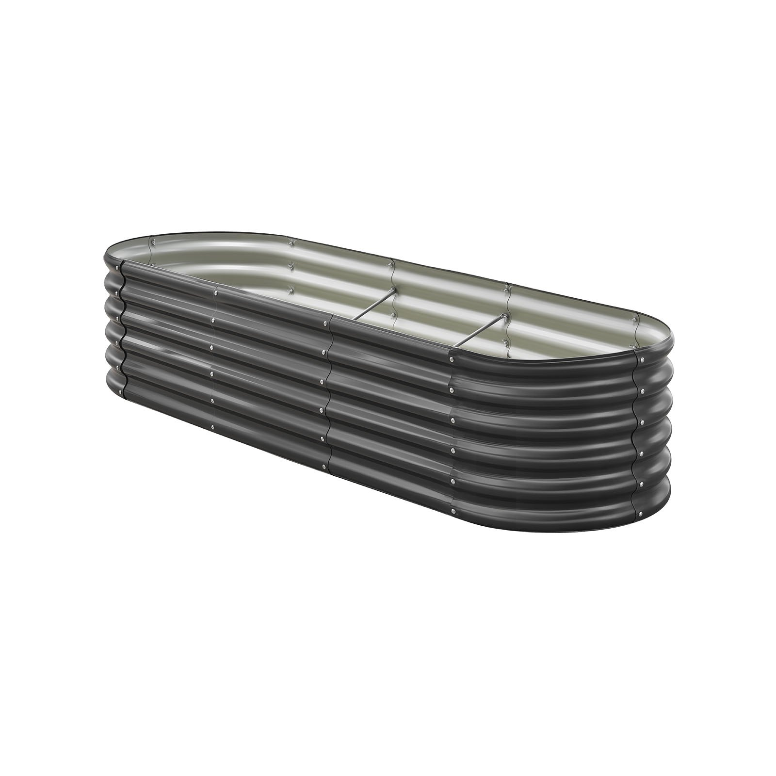 Start2Finish VEVOR metal oval garden bed, 6.56 x 1.97 ft outdoor planter with open bottom for vegetables, flowers, succulents in dark gray.