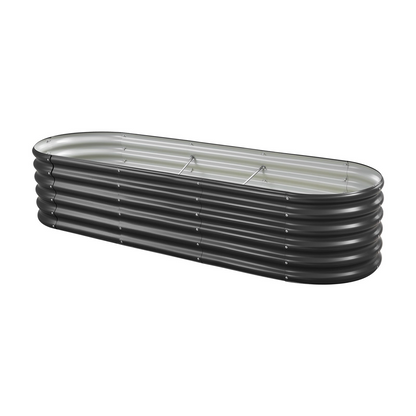 Start2Finish VEVOR metal raised garden bed, 6.56 x 1.97 ft oval outdoor planter with open bottom for vegetables, flowers, and succulents.