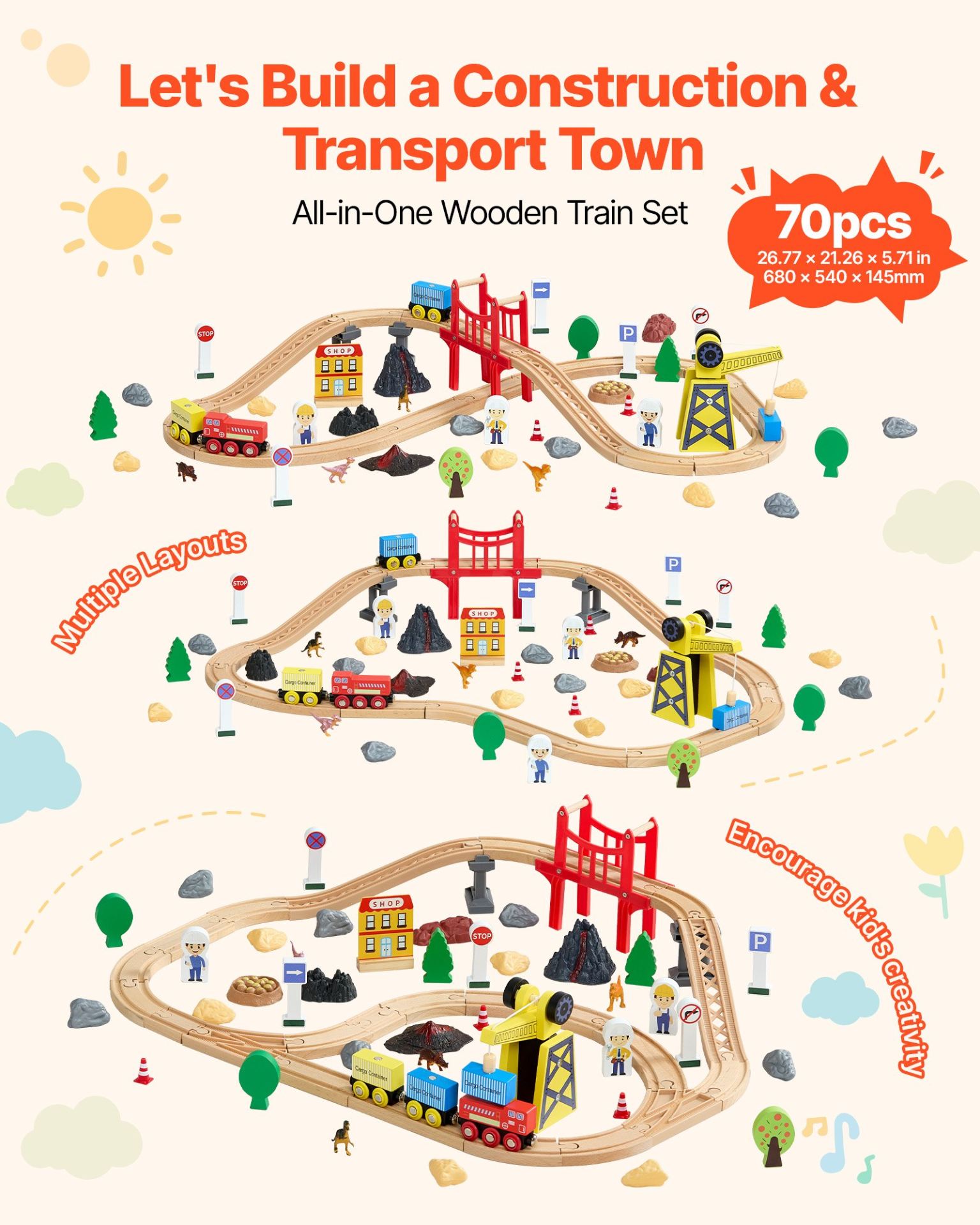 Start2Finish VEVOR wooden train set with magnetic crane, train tracks and construction crane toy for kids ages 3-8.