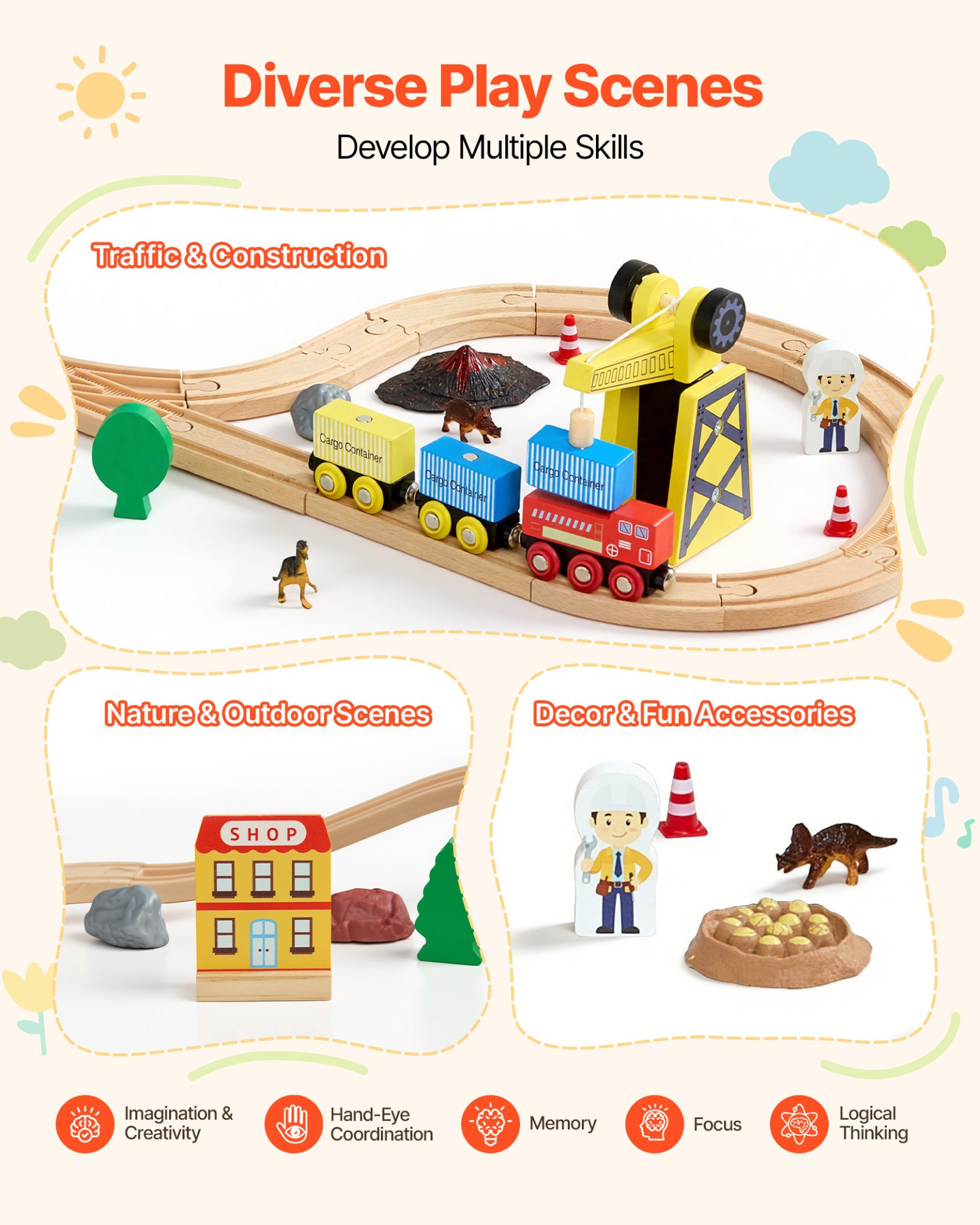 Start2Finish VEVOR 70-piece wooden train set with magnetic crane and tracks, ideal for kids ages 3-8, construction toy for boys and girls.
