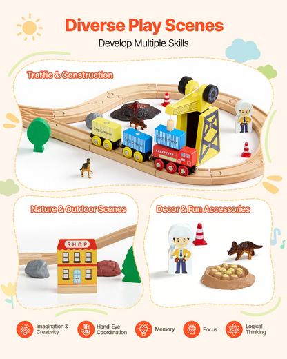 Start2Finish VEVOR 70-piece wooden train set with magnetic crane and tracks, ideal for kids ages 3-8, construction toy for boys and girls.