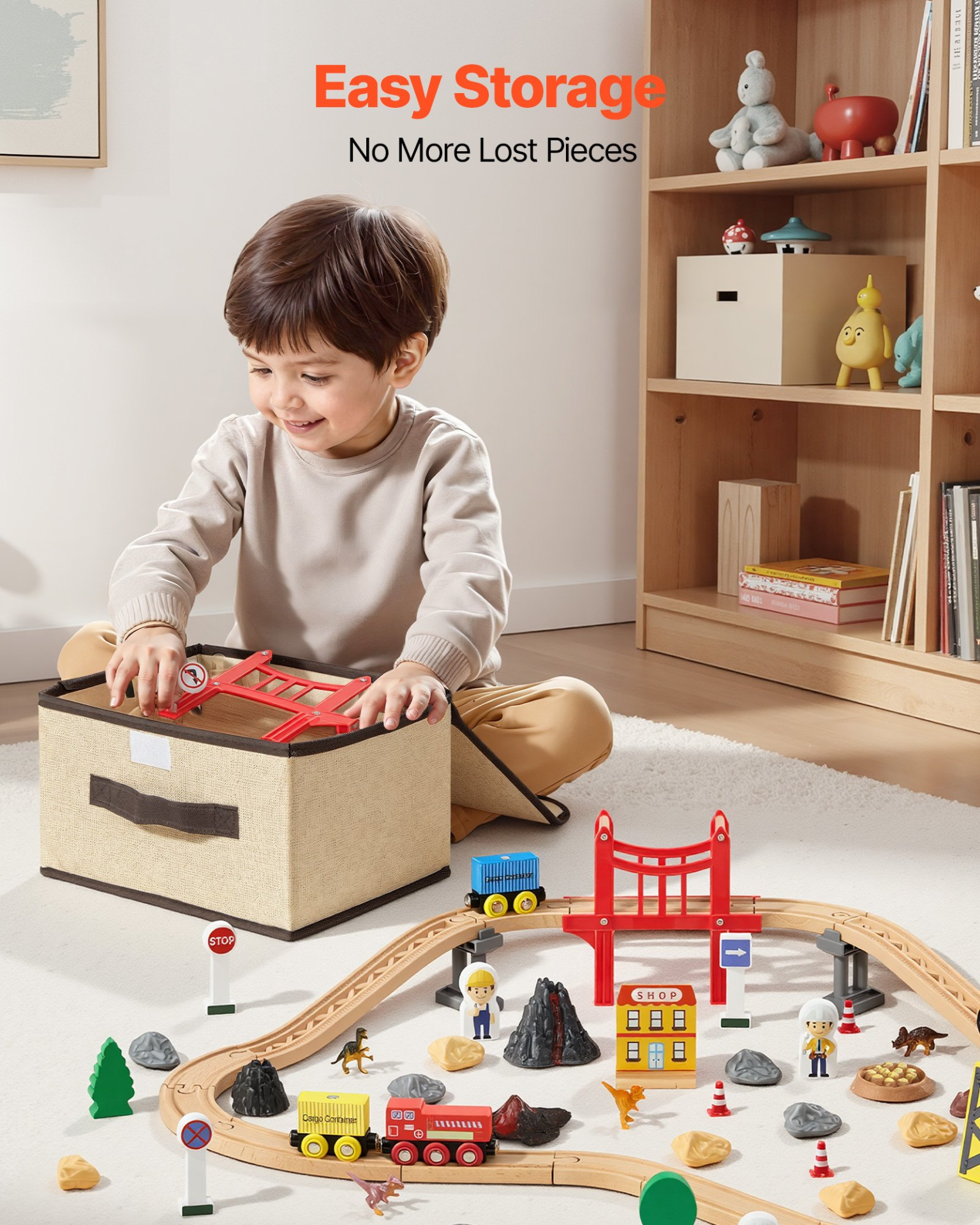 Start2Finish VEVOR 70-piece wooden train set with magnetic crane and railway track for kids aged 3-8, compatible with major brands.