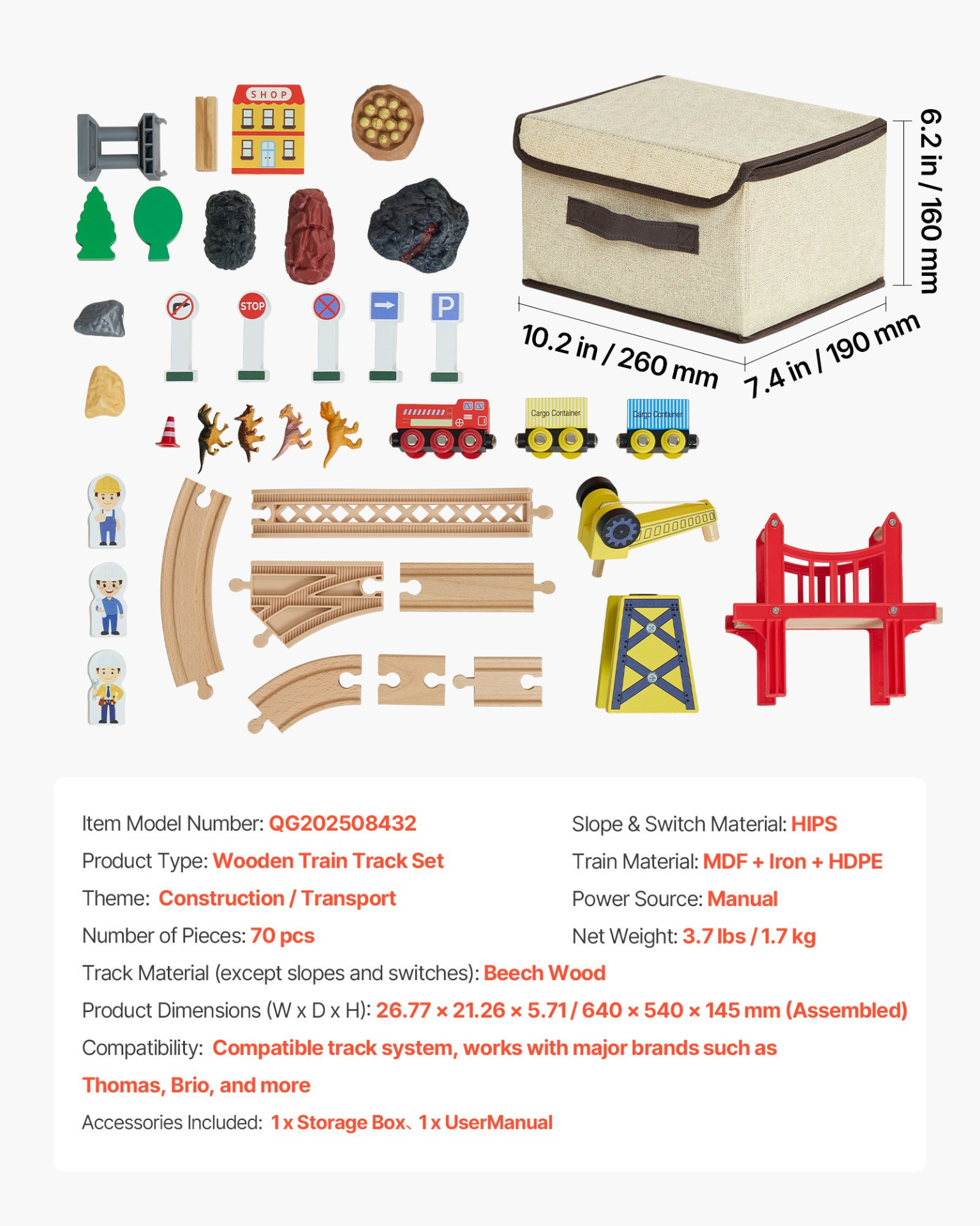 Wooden train set with magnetic crane, train tracks, and construction crane for kids ages 3-8, compatible with major brands.