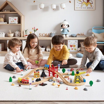 Start2Finish VEVOR wooden train set with magnetic crane, train tracks, and construction crane for kids ages 3-8.