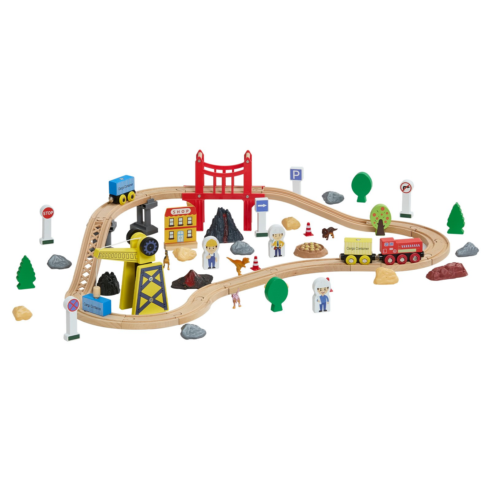 Start2Finish VEVOR 70-piece wooden train set with magnetic crane, construction railway toy for kids ages 3-8, compatible with major brands.