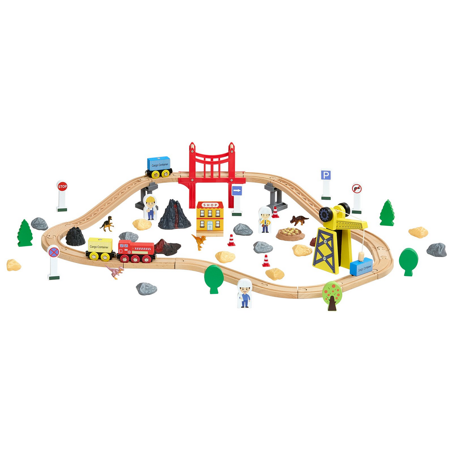 Start2Finish VEVOR 70-piece wooden train set with magnetic crane and tracks, for kids ages 3-8, compatible with major brands.