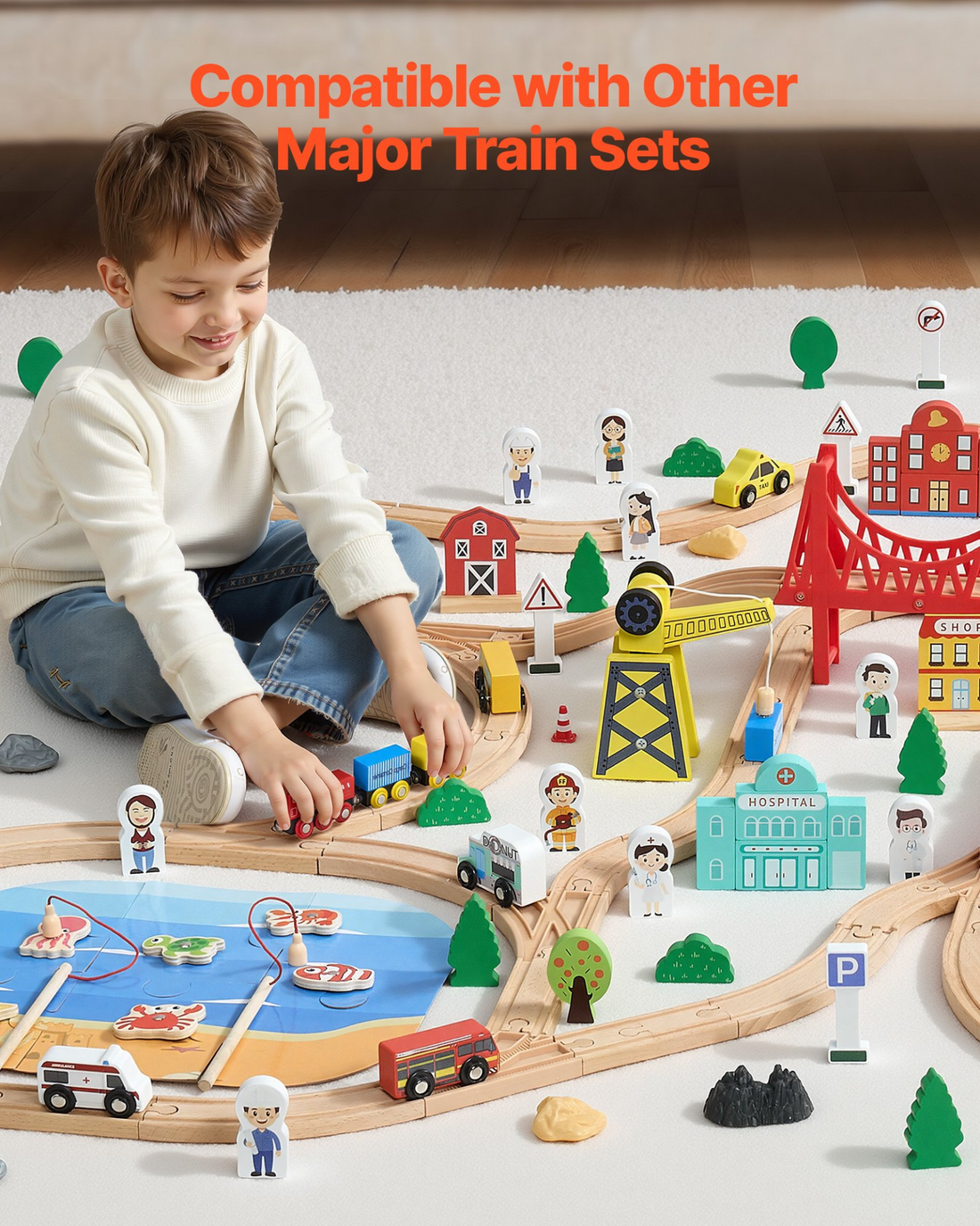 Start2Finish VEVOR Wooden Train Set with 39 pieces, magnetic trains, railway accessories, perfect for kids aged 3-8.