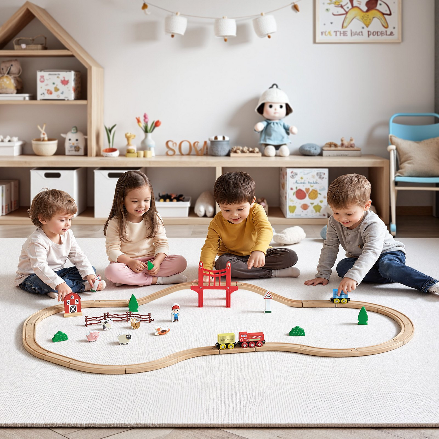 Start2Finish VEVOR Wooden Train Set with magnetic trains, tracks, and railway accessories for kids ages 3-8, small town Christmas toy