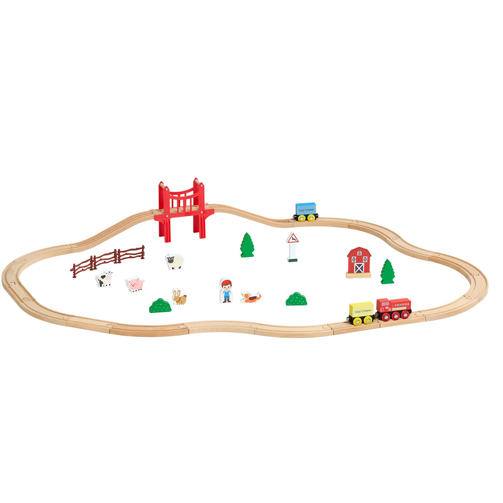Start2Finish VEVOR Wooden Train Set with magnetic trains, tracks, and accessories for kids ages 3-8, featuring a small town scene.