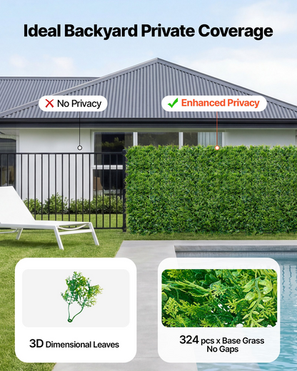 Start2Finish VEVOR artificial plant wall with 12 green boxwood panels, ideal for garden, outdoor privacy fence, or wedding backdrop.