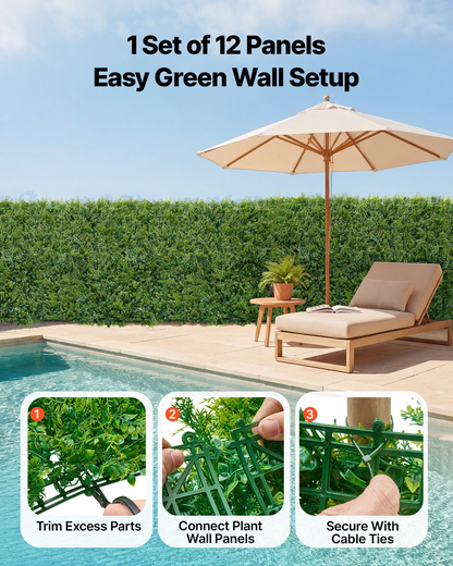 Artificial plant wall panels by Start2Finish, 12-pack of green boxwood panels for outdoor or indoor garden privacy and decoration.