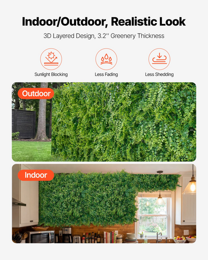 Artificial boxwood panels from VEVOR, 12-piece sun protection greenery for privacy fences, suitable for indoor and outdoor gardens.