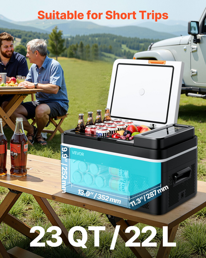 Start2Finish VEVOR car refrigerator with compressor, portable 23 QT cooler, digital app control, suitable for RVs, camping, boats.