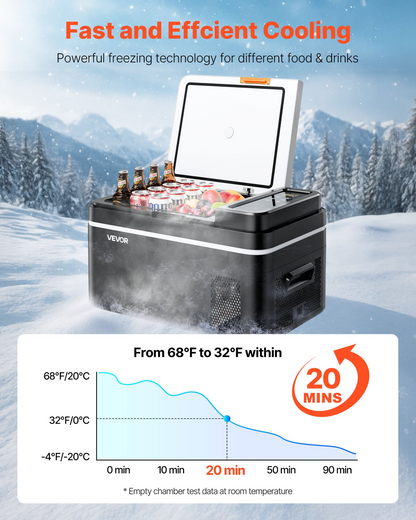 Start2Finish VEVOR 23 QT automotive car refrigerator with compressor, app control, portable cooler for RVs, camping, and fishing.