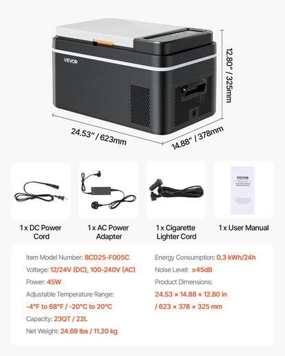 Start2Finish VEVOR car refrigerator with compressor, portable 23 QT cooler, app control, for RVs, camping, boats, and outdoor use.