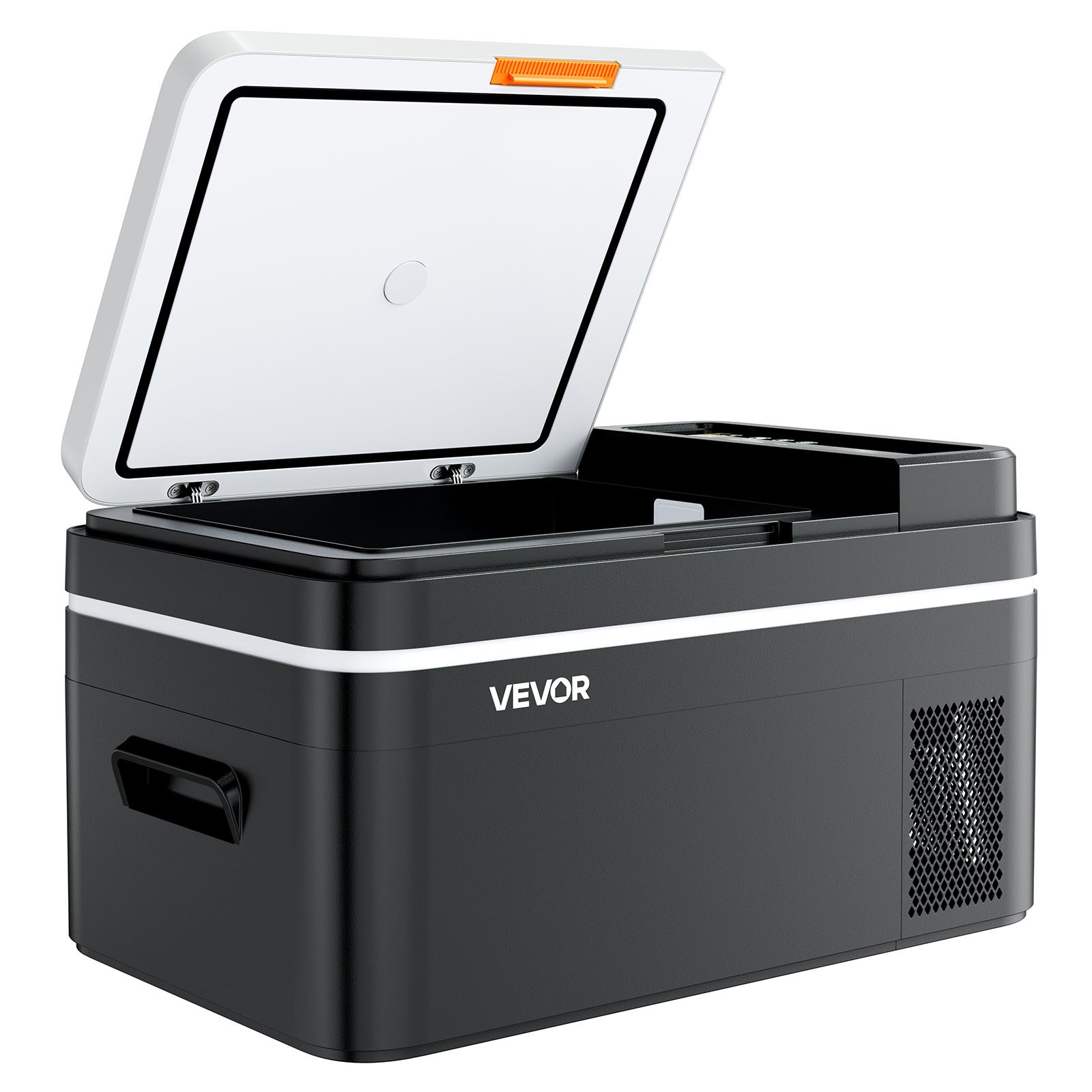 Start2Finish VEVOR 23 QT car refrigerator with compressor, app control, portable cooler for RVs, camping, fishing, and boating.