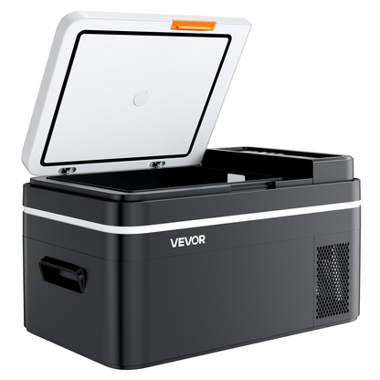 Start2Finish VEVOR 23 QT car refrigerator with compressor, app control, portable cooler for RVs, camping, fishing, and boating.
