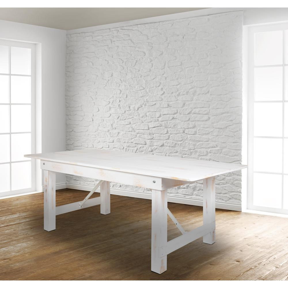 Antique rustic white solid pine folding farm table measuring 8 feet by 40 inches, with a rectangular top and sturdy foldable design.