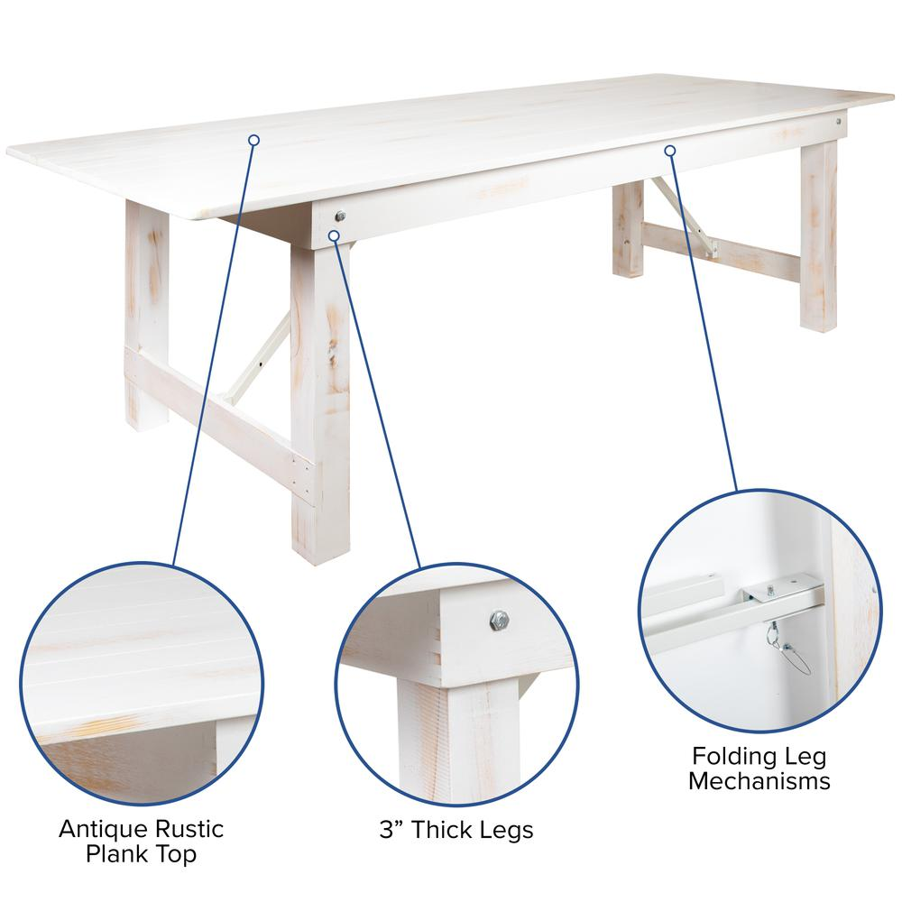 Rectangular antique rustic white solid pine folding farm table, 8 feet by 40 inches, with sturdy legs and distressed finish.