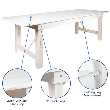 Rectangular antique rustic white solid pine folding farm table, 8 feet by 40 inches, with sturdy legs and distressed finish.