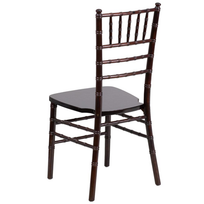 Walnut wood Chiavari chair with elegant design and tapered legs, showcasing craftsmanship and smooth finish.