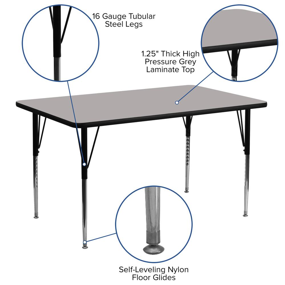 Grey Start2Finish 24x60-inch activity table with adjustable standard height legs, ideal for classroom or playroom use.