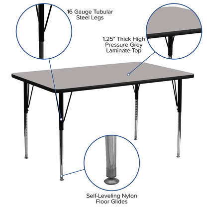 Grey Start2Finish 24x60-inch activity table with adjustable standard height legs, ideal for classroom or playroom use.
