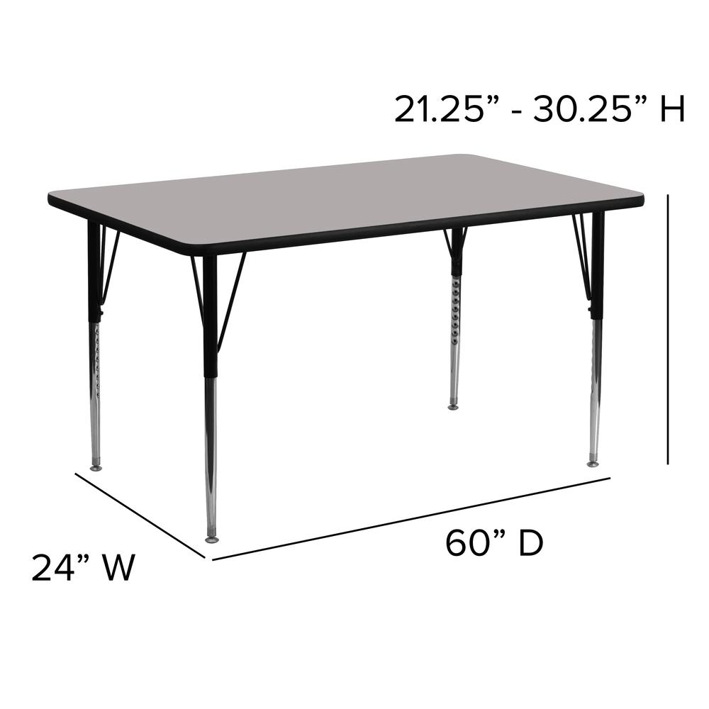 Grey HP activity table by Start2Finish with adjustable legs, measuring 24 inches wide and 60 inches long for standard height.