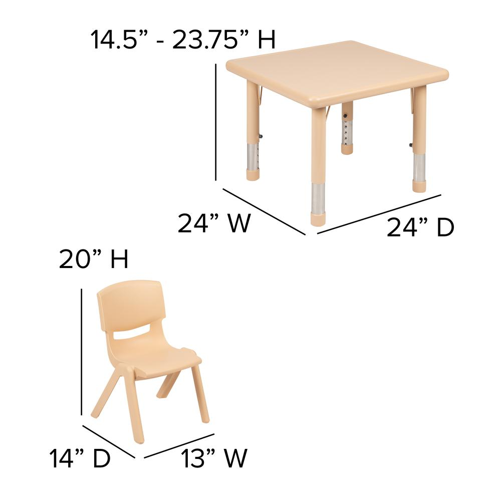 Natural plastic 24-inch square activity table set with height-adjustable table and four chairs by Start2Finish