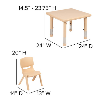 Natural plastic 24-inch square activity table set with height-adjustable table and four chairs by Start2Finish