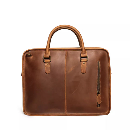 Hemming Leather Laptop Bag by Start2Finish, vintage leather briefcase with sturdy handle and spacious interior for accessories.