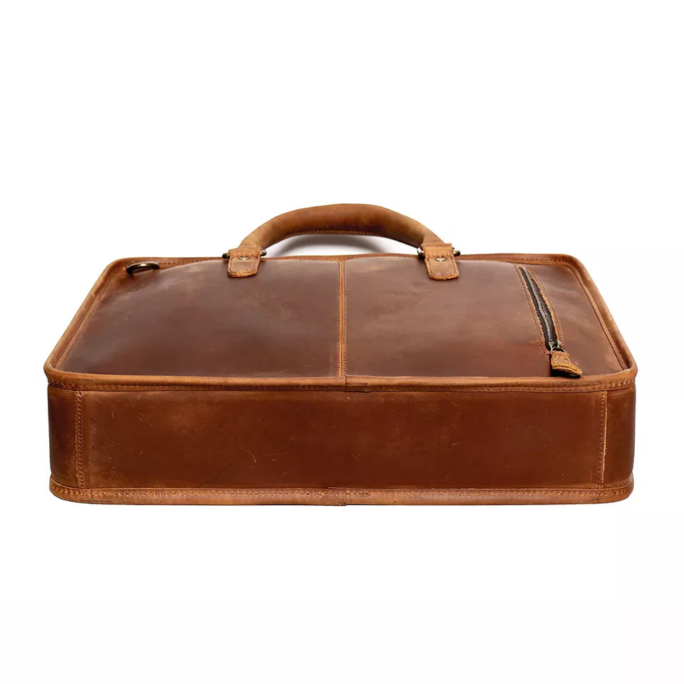 Start2Finish Hemming Leather Laptop Bag showing vintage leather briefcase with handles and sleek design for accessories.