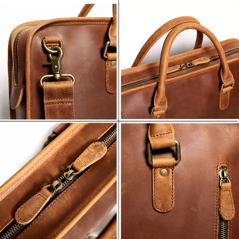 Start2Finish Hemming Leather Laptop Bag, vintage leather briefcase with handles and a sleek, classic design for accessories.