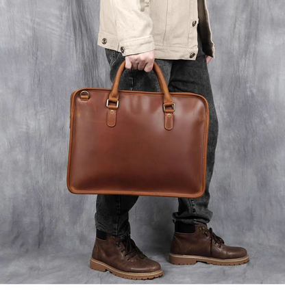 Start2Finish Hemming Leather Laptop Bag, vintage leather briefcase with sturdy handles and classic design for accessories.