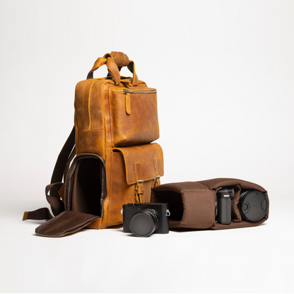 Large capacity leather camera backpack from Start2Finish, featuring multiple compartments and adjustable straps for accessories and gear.