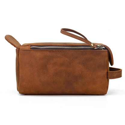 Handmade leather Dado Dopp Kit toiletry bag by Start2Finish, featuring a compact, stylish leather accessories bag with a zipper closure.