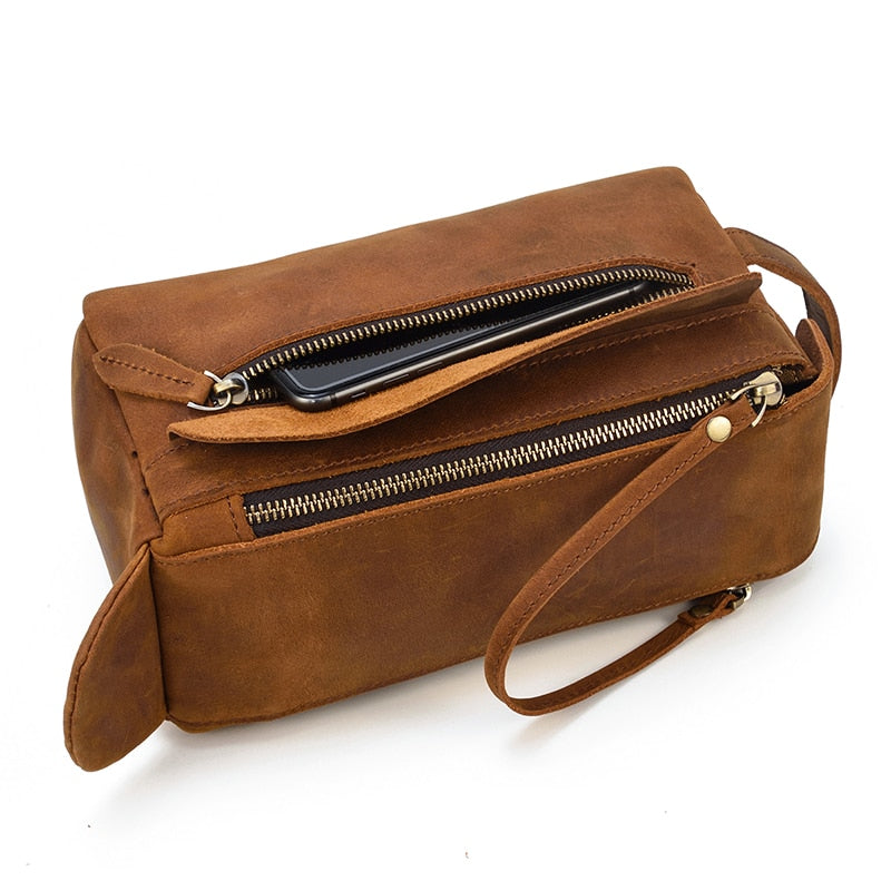 Handmade leather Dado Dopp Kit by Start2Finish, a stylish leather toiletry bag with a sleek finish and compact design.
