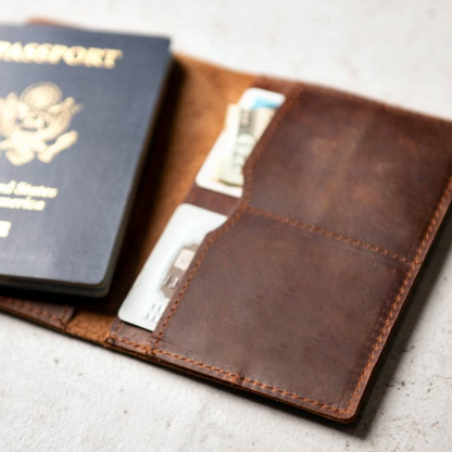 Priam Handmade Leather Passport Cover by Start2Finish, showing textured brown leather with subtle stitching details.
