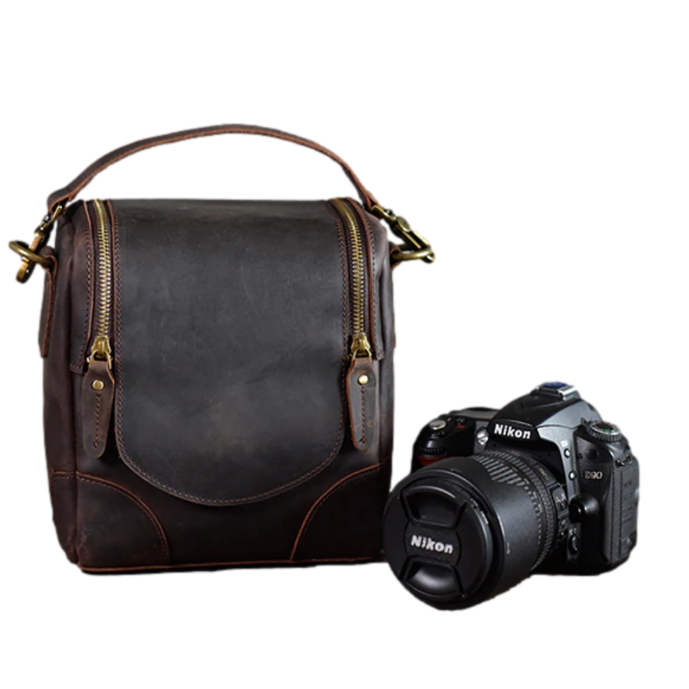 Start2Finish Calista small leather camera bag and lens case, stylish accessories for protecting and carrying camera equipment.