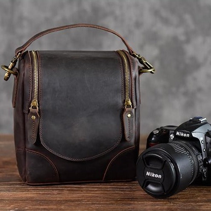 Start2Finish The Calista small leather camera bag with lens case, featuring a compact design in rich brown leather.