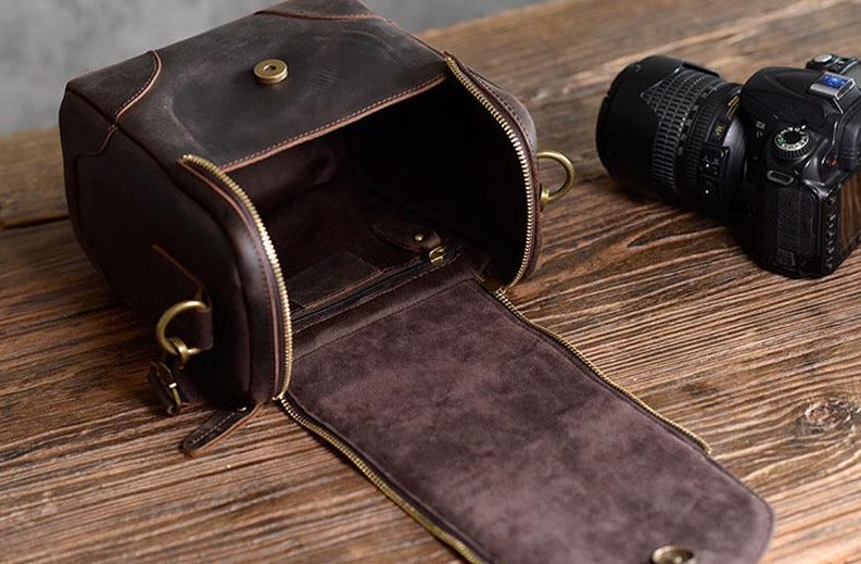 Small leather camera bag by Start2Finish, designed as a compact leather lens case and accessories for photography gear.